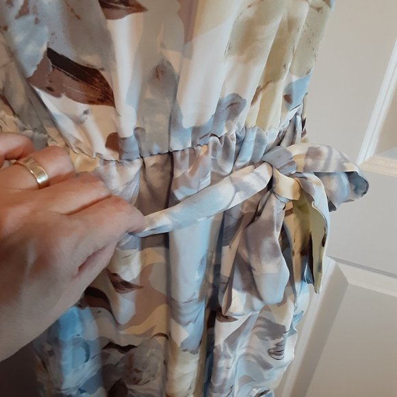 Pastel Blue Floral Wrap & Ruffled Halter Neck Sleeveless Belted Dress - Picture 9 of 15